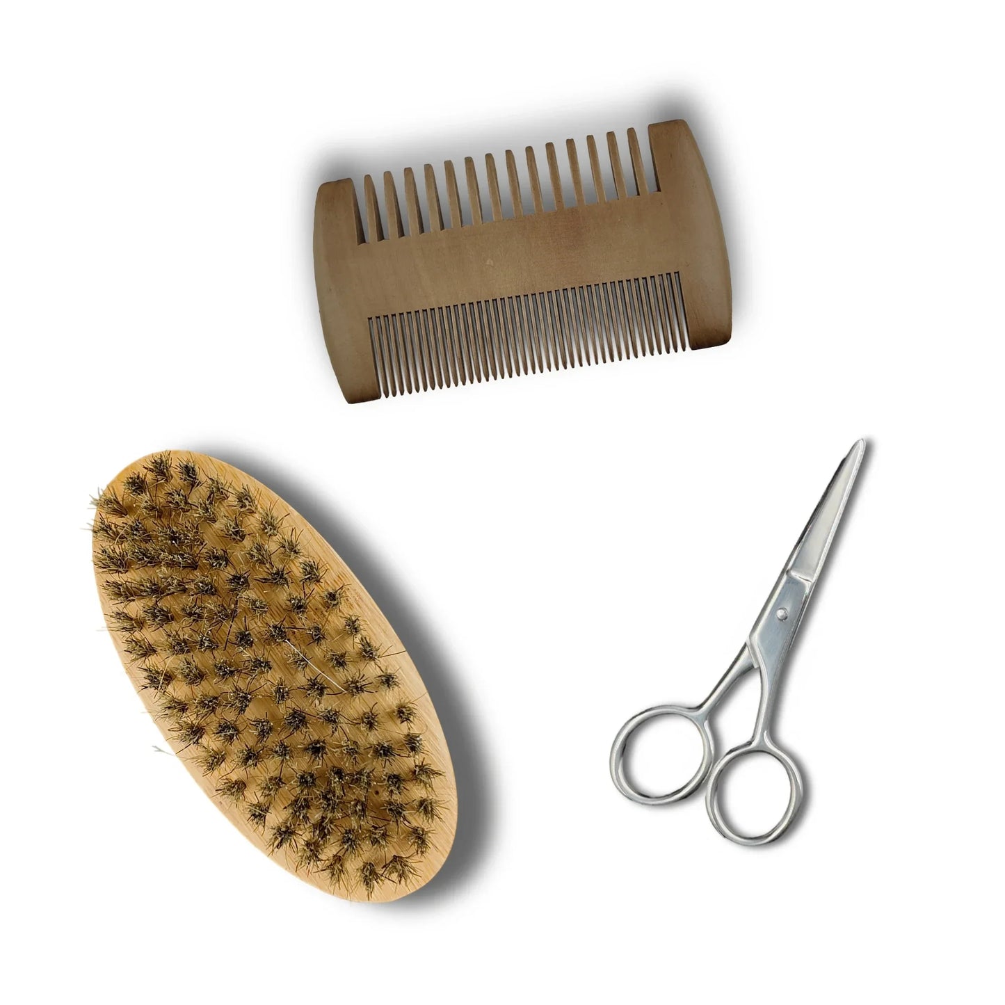 Wooden bristle brush, wooden comb with wide and fine teeth, and small silver hair scissors on white background